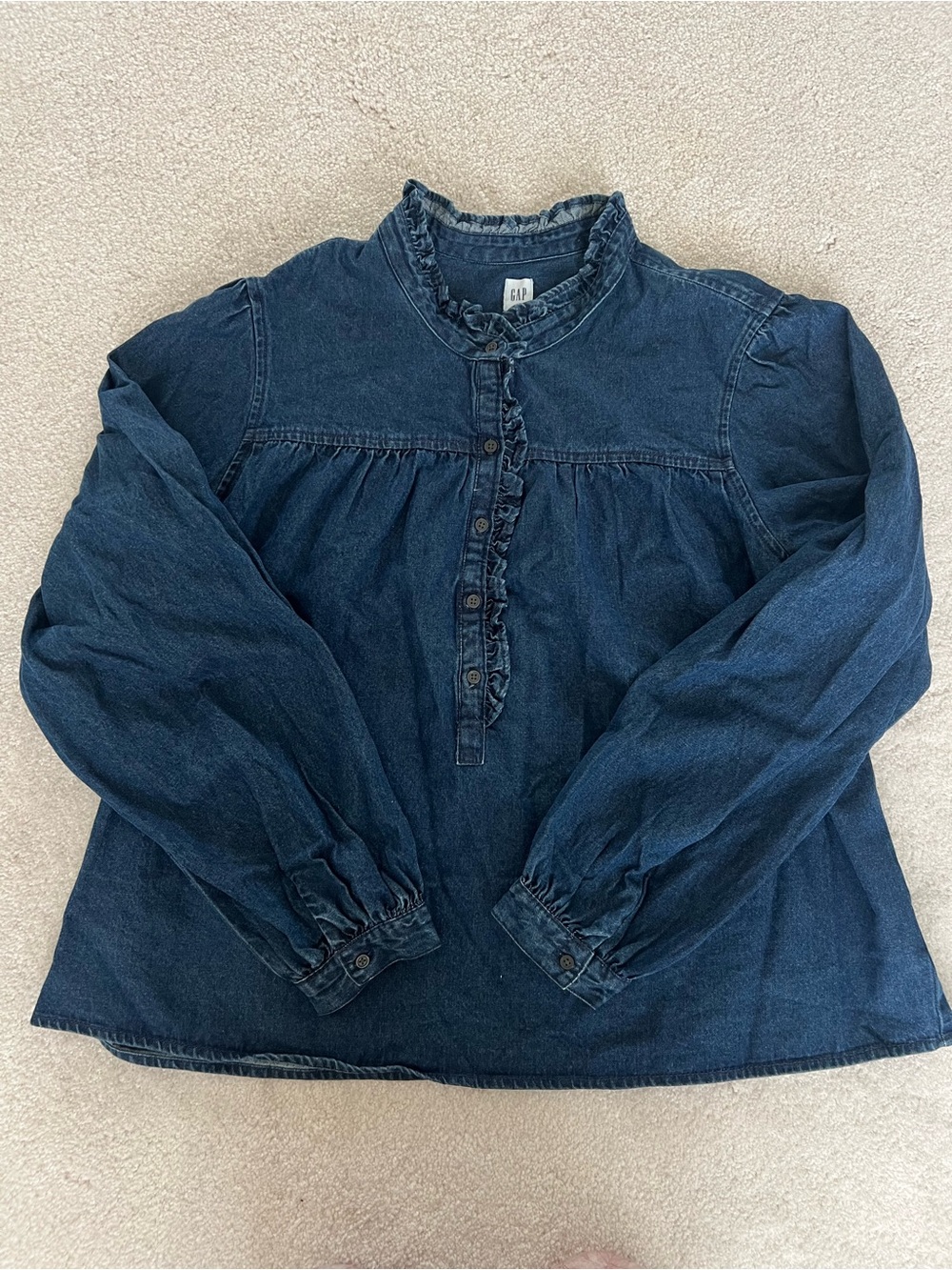 GAP Navy Ruffled Denim Button-Down Top